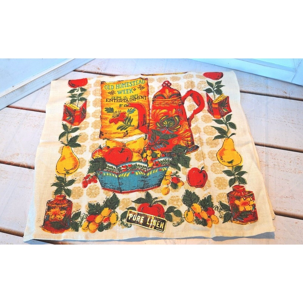 VTG Tea Towel Old Homestead Week Sept 15 1921 Pure Linen RN# 16604 Vivid Colors